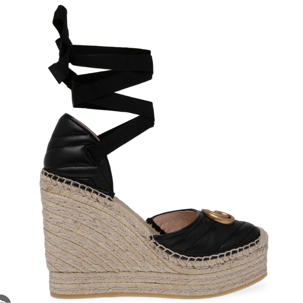 Gucci Black Matelasse Leather GG Marmont Espadrille Ankle-Tie Wedges - Picture 3 of 16